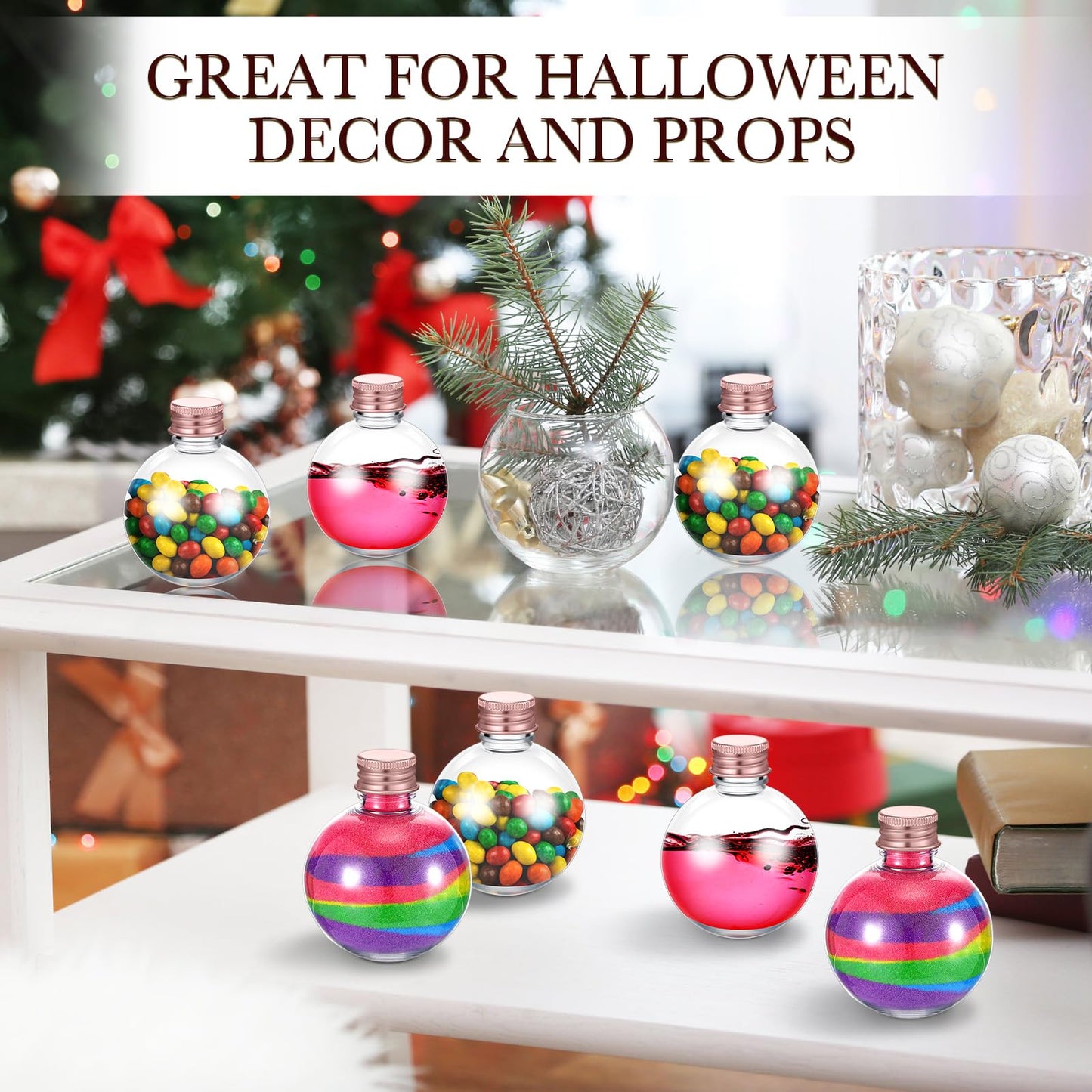 FoldTier 48 Pcs Plastic Potion Bottles with Caps 3.4 oz Round Sand Art Bottles Spherical Clear Plastic Containers Cocktail Ornament Balls for Party Favor(Rose Gold,Aluminum Cap)