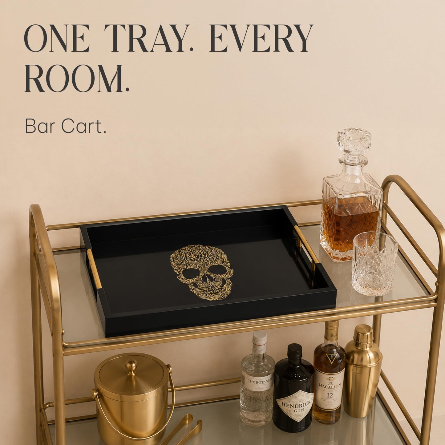 Gothic Skull Serving Tray with Gold Handles – Black Gloss Wooden Ottoman Tray for Coffee Table, Bar, or Kitchen – Elegant Gothic Decor & Unique Gift for Halloween, Horror & Alternative Style Lovers