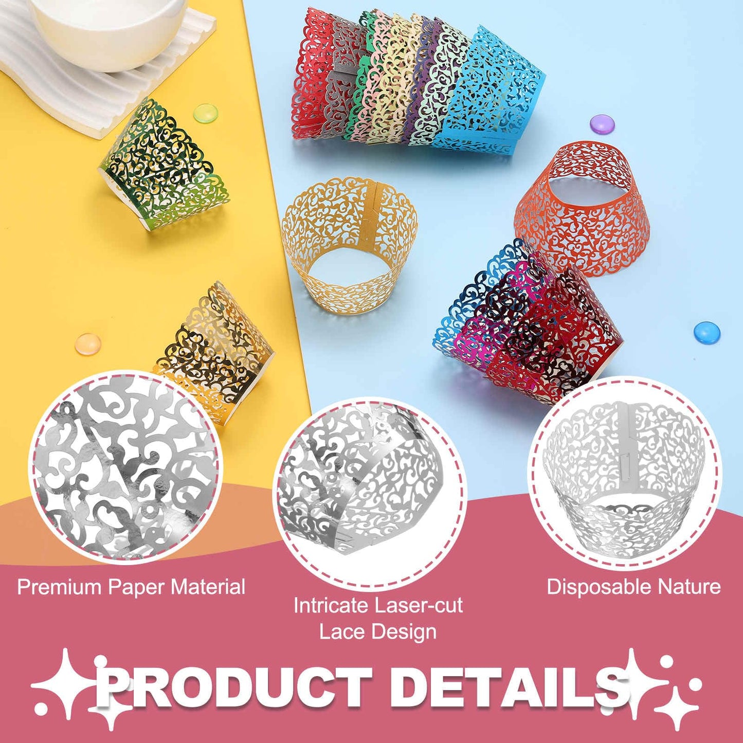 HARFINGTON 50 Pcs Lace Cupcake Liners Standard Vine Designed Hollow Out Cupcake Wraps Artistic Bake Cake Paper Cups for Anniversary Birthday Weddings Parties, Reflective Silver