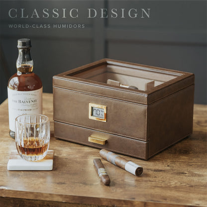 CASE ELEGANCE Belmont Glass Top Humidor Easy Humidification System, Thick Cedar, Accurate Digital Hygrometer, Leather Wrapped, Brown, Holds 30-60 Cigars