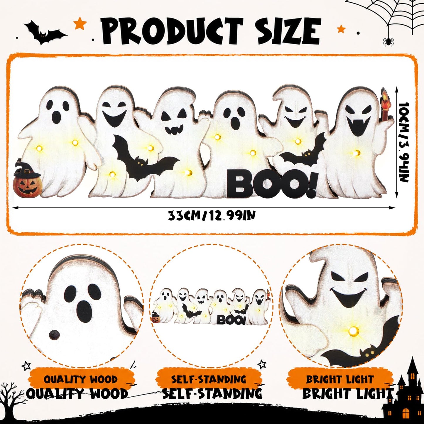 Geetery Halloween Ghost LED Wooden Sign Rustic Wooden Boo Decor Light up Boo Sign Tabletop Centerpiece Decor Ghost Bat Decorations for Halloween Mantel Table Home Indoor Party