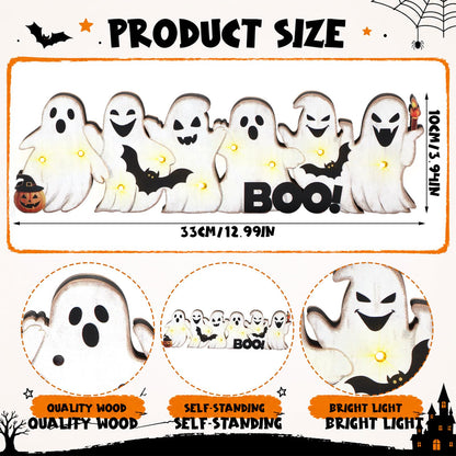 Geetery Halloween Ghost LED Wooden Sign Rustic Wooden Boo Decor Light up Boo Sign Tabletop Centerpiece Decor Ghost Bat Decorations for Halloween Mantel Table Home Indoor Party