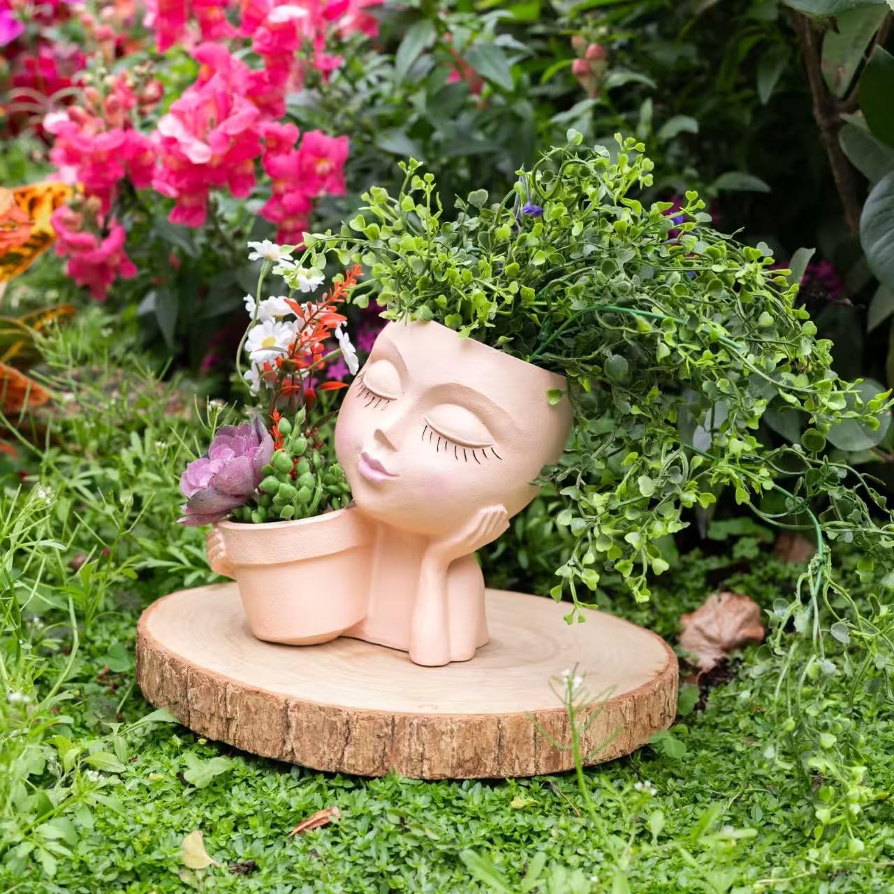 LaulaEnderay Face Plant Pots for Indoor Outdoor Plants, Resin Head Planter with Drainage Hole, Unique Cute Lady Face Plant Pots, Home Garden Decoration Succulents Cactus Planters Skin
