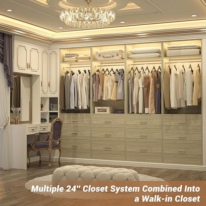 Besiost Closet System Set of 2, 4FT Closet Systems with 6 Wood Drawers, 48" Closet Organizer System with 2 Hanging Rods & 2 Shelves, Heavy Duty 48 Inch Walk-in Closet, White Oak (48"L x 15" W x 80" H)