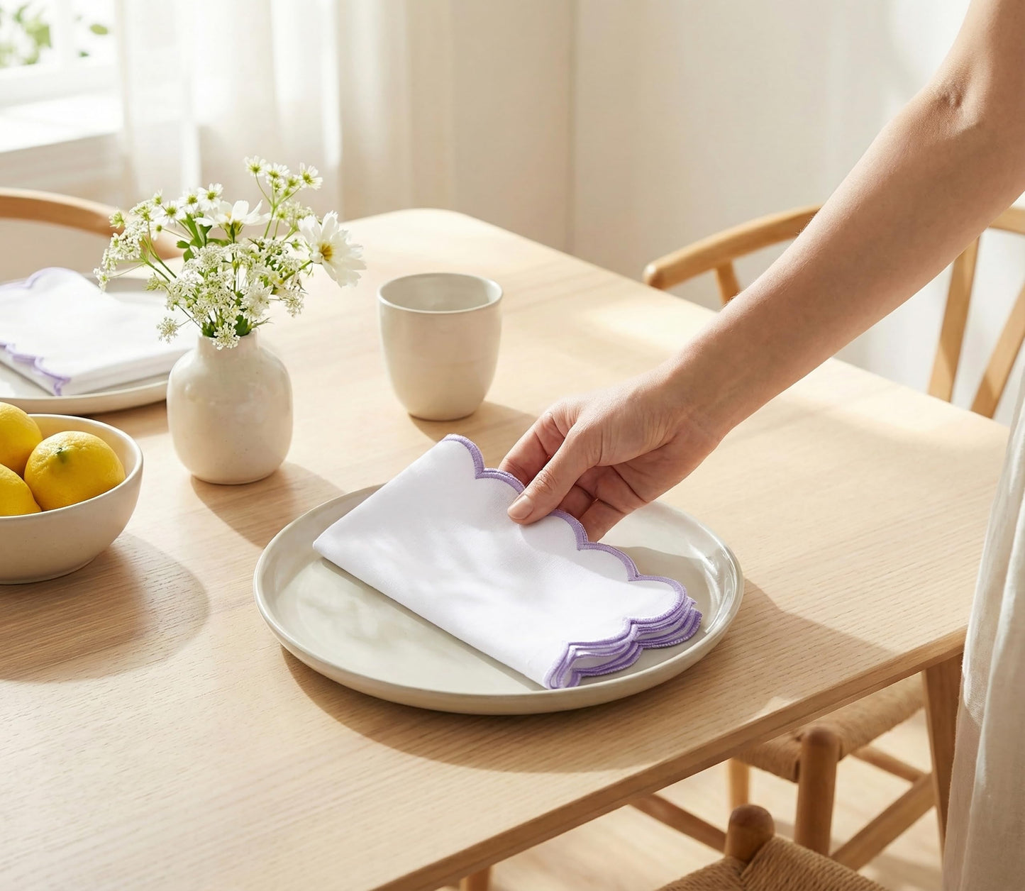 PurpleEssences Scalloped Embroidery Cloth Napkins - Spring Easter Summer - Table Decor - 100% Cotton - Set of 4-18x18 inch (White(Edges- Lavender), 18 x 18 Inch)