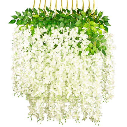 GPARK (36 Branches 12 Pack /45 inch /3.7ft Wisteria Hanging Artificial Flowers Fake Bushy Silk Vine Garland String for Wedding Party Garden Greenery Home Wall Deco Beige+Green+White