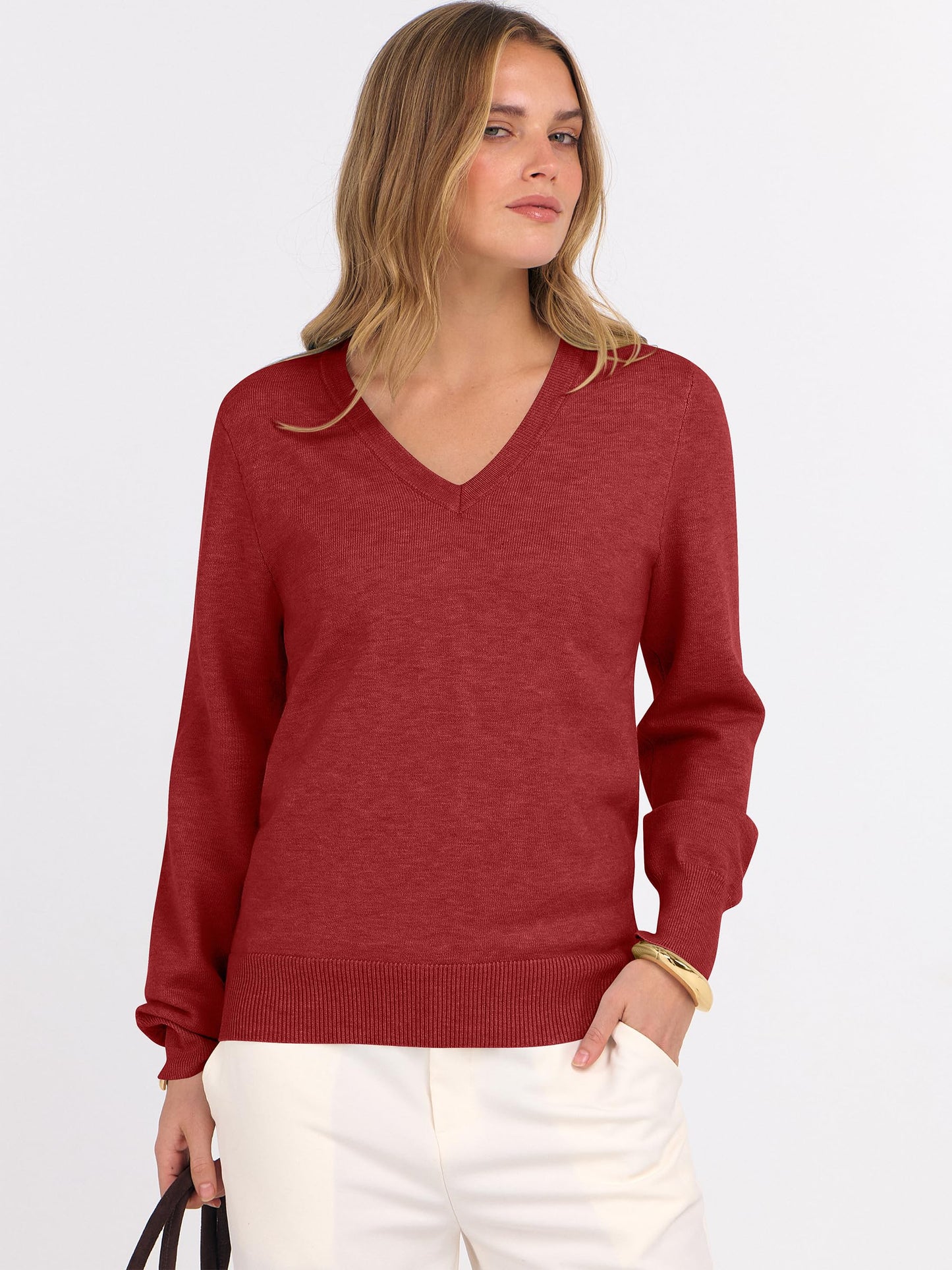ANRABESS Womens Long Sleeve V Neck Sweaters 2025 Fall Casual Classic Soft Loose Fit Basic Pullover Jumper Top