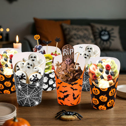 Whaline 100 Sets Halloween Charcuterie Cups with Sticks Bags Twist Ties 14Oz Black-Orange Ghost Pumpkin Bat Spider Web French Fry Holder for Trick or Treat Party Supplies