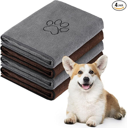 Chumia 4 Pack Dog Towels for Drying Large Microfiber Grooming Tools Absorbent Soft Bath Supplies with Embroidered Paw for Small Medium Pet Products(16 x 32 Inch,Gray, Coffee)