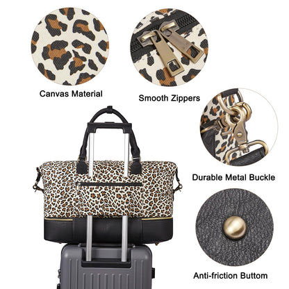 CLUCI Weekender Bag for Women Canvas Large Overnight Travel Duffel Bag with Shoe Compartment Leopard Pattern with Black