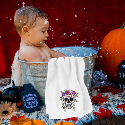 JarThenaAMCS 2 Pcs Halloween Skull Hand Towels Flower Skull Embroidered Cotton Towel Dish Towel with Ribbon for Kitchen Bathroom Drying Cleaning, 29.5 x 13.7 Inch