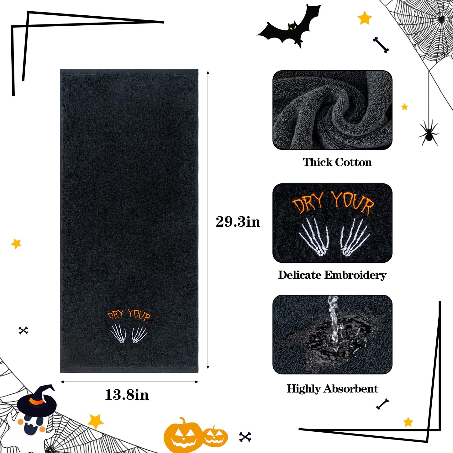 EraGleeVibe 2 Pcs Halloween Gothic Skull Skeleton Embroidered Hand Towels Black Dry Your Hands Cotton Towel for Bathroom Home Kithcen Skeleton Bathroom Towels Gift 13.4 x 29.5 Inch
