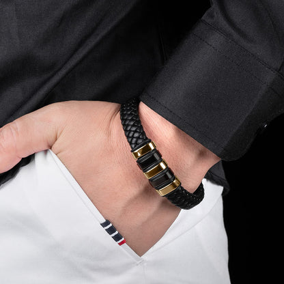 LJWVX Mens Black Leather Bracelets,Braided Leather Wristband Cuff Bracelet,Stainless Steel Clasp,Gifts for Men