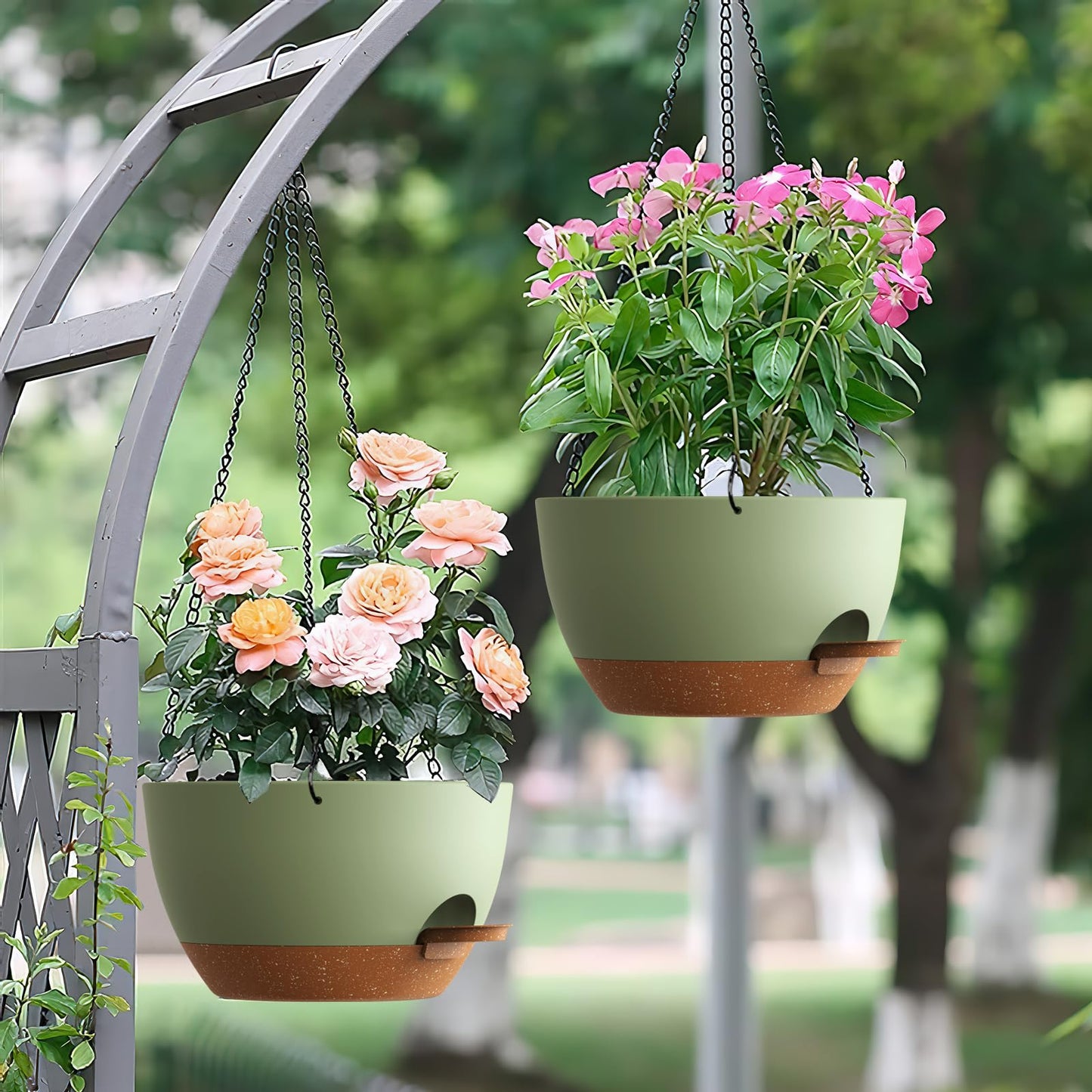 UOUZ Set of 3-10 Inch Self Watering Hanging Planters for Indoor & Outdoor，Hanging Plant Pots with Drainage & Removable Tray, Hanging Pots Holder for Ivy, Ferns, Balcony & Patio, Green and Brown