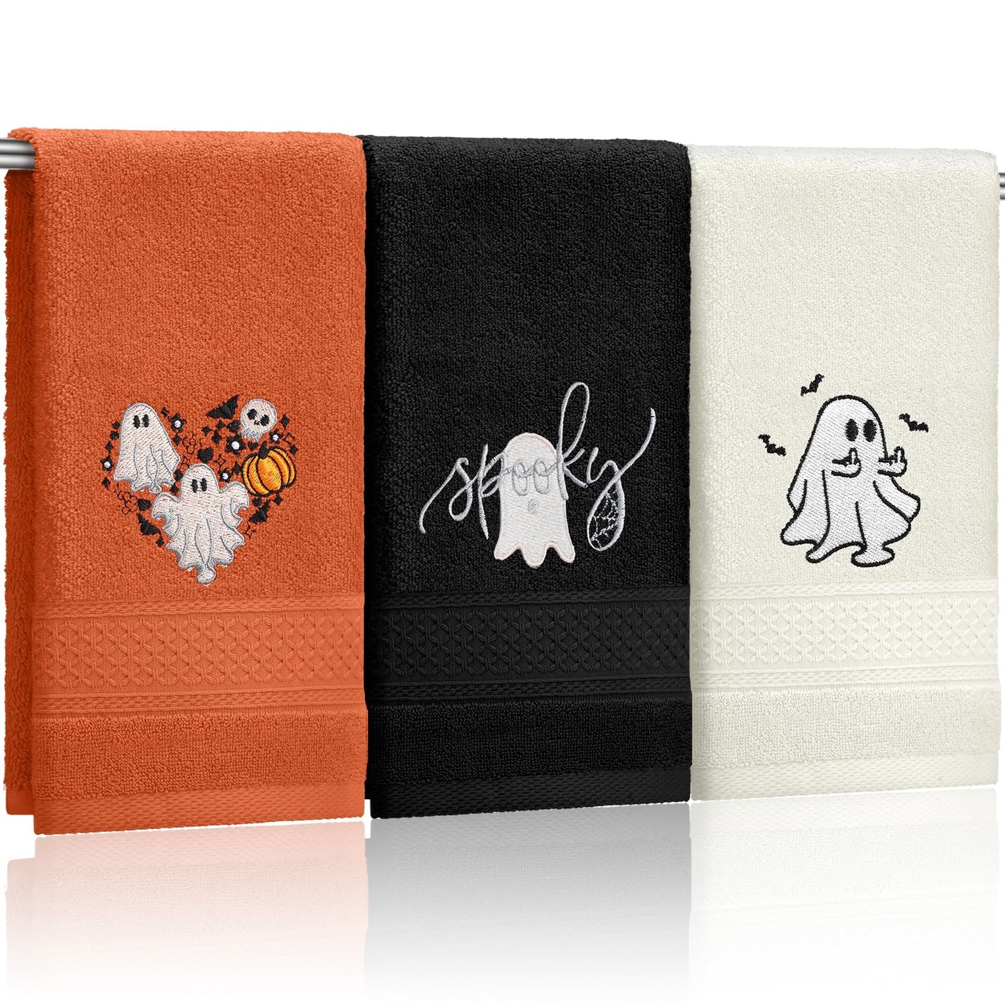 FuWeave 3 Pcs Halloween Hand Towels Funny Spooky Ghost Embroidered Decorative Hand Towels for Bathroom Kitchen Decor Set, 100% Cotton, 13.3 x 29.5 Inches