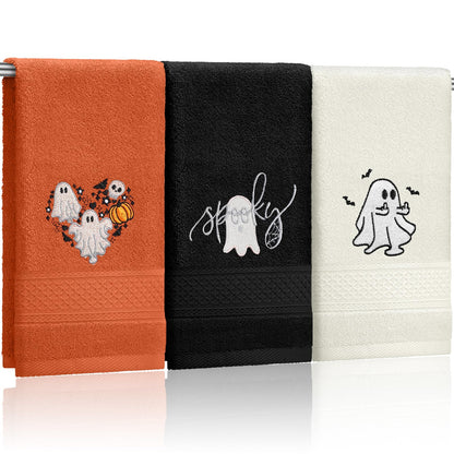 FuWeave 3 Pcs Halloween Hand Towels Funny Spooky Ghost Embroidered Decorative Hand Towels for Bathroom Kitchen Decor Set, 100% Cotton, 13.3 x 29.5 Inches
