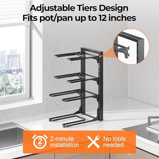 MUDEELA 2 Pack Pots and Pans Organizer under Cabinet, 4-Tier Heavy Duty Pan Organizers inside Cabinet Kitchen Storage, Adjustable Pot Rack Holds up to 44 LB Cast Iron Skillets Shallow Cookware