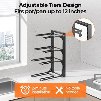MUDEELA 2 Pack Pots and Pans Organizer under Cabinet, 4-Tier Heavy Duty Pan Organizers inside Cabinet Kitchen Storage, Adjustable Pot Rack Holds up to 44 LB Cast Iron Skillets Shallow Cookware