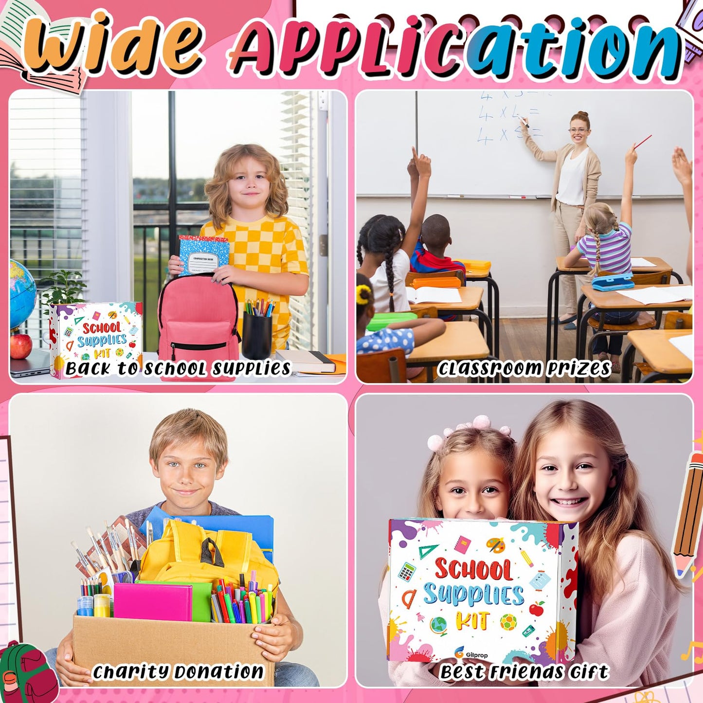 Gilprop 79 Pcs Back to School Supplies Box for Kids K-5 Students Elementary Middle School Supplies Kit Bundle Bulk Essential Pen Notebook Stationery for Primary Student Classroom(Pink)