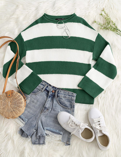 ZESICA Women's 2025 Fall Long Sleeve Oversized Striped Color Block Comfy Loose Crew Neck Knitted Pullover Sweater