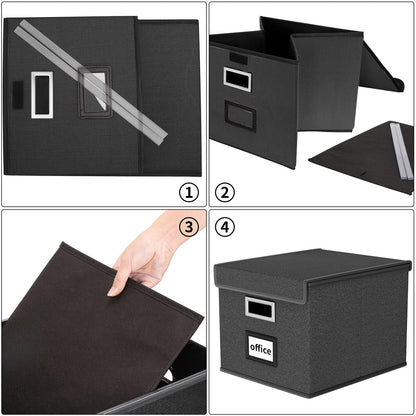 Huolewa File Organizer Box with Lid, Collapsible File Folder Organizer for Office Document Storage, Filing Box with Plastic Slide for Letter Size Hanging File Folders(1 Pack, Black)