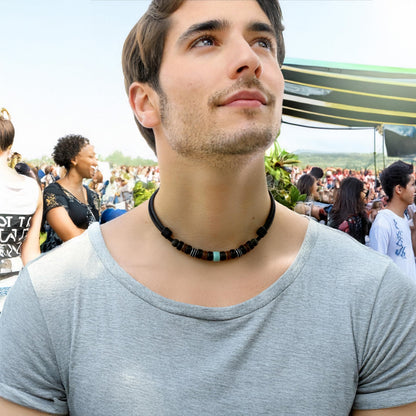 HANA LIMA Leather Necklace – Handmade Adjustable Unisex Jewelry with Coconut Beads and Natural Materials, Boho Surfer Style Necklace with Turquoise Glass Bead – Made in Germany