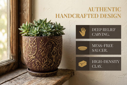 Decorative Ceramic Planter Pot with Saucer, Brown with Gold and Silver Owl Pattern, Indoor Garden Container with Drainage (G&S, 6 inch)