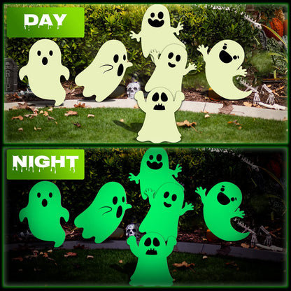 6 Pcs Halloween Yard Stakes Glow in The Dark with Green Fluorescent Layer Waterproof Plastic Cute Outdoor Sign Halloween Decorations for Lawn Patio Yard Garden Decoration (Ghost)