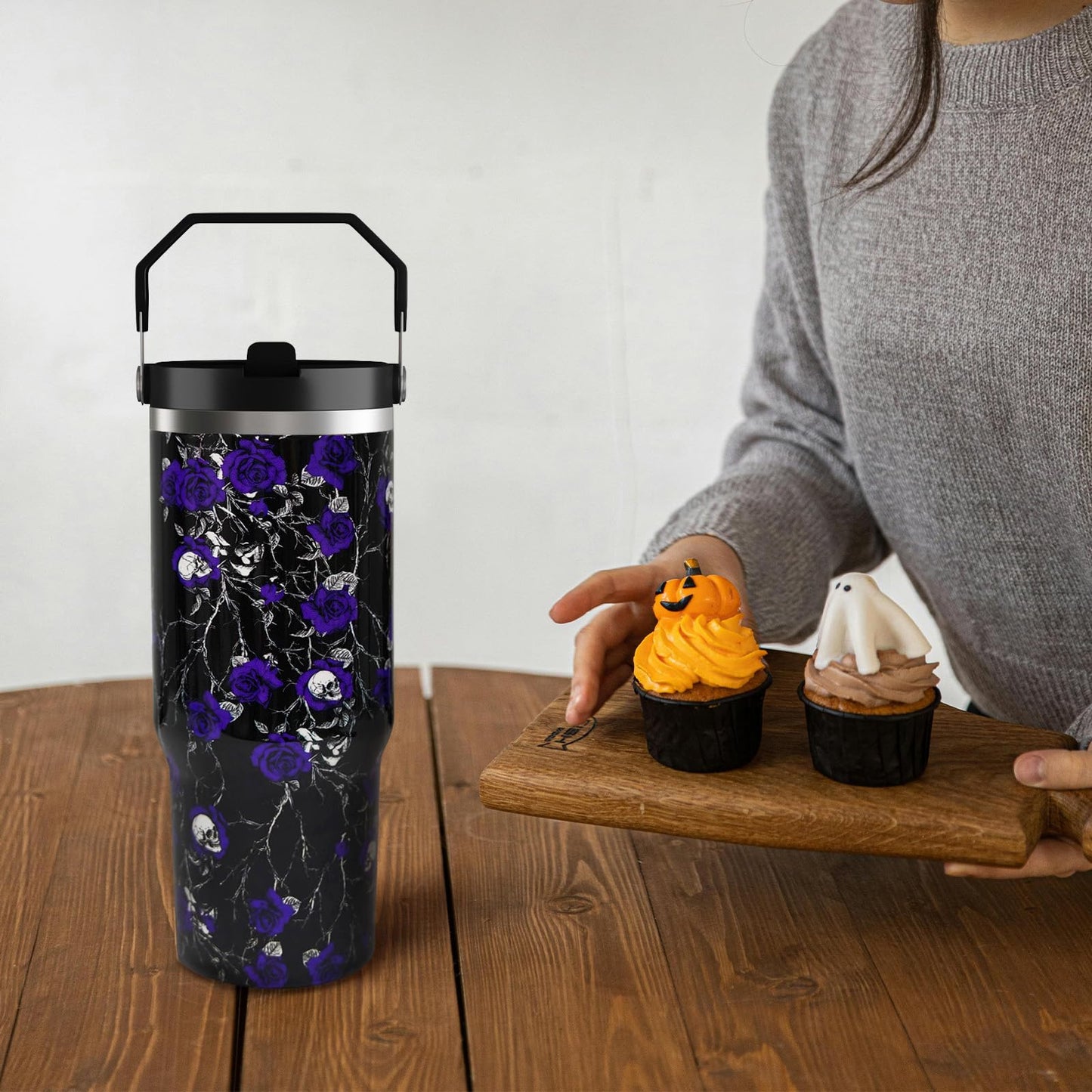 30oz Halloween Tumbler with Handle and Straw, Goth Floral Skull Insulated Tumbler, Leak Proof Travel Coffee Mug, Reusable Stainless Steel Skull Tumbler, Halloween Gifts for Women (black purple)