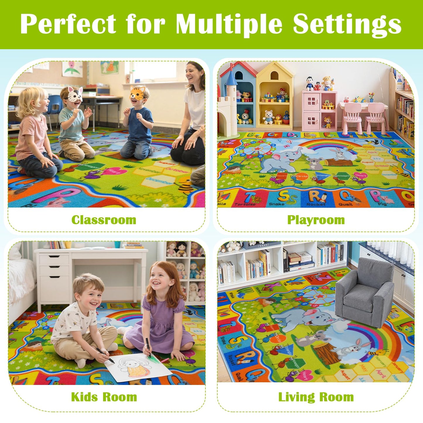STARUIA ABC Kids Rug for Playroom, Non-Slip Educational Toddler Rug for Learning Alphabet Animals Numbers Months Shapes, Washable Playroom Rugs for Daycare Classroom Nursery Decor (36"X59")