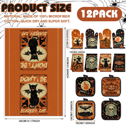 SiliFine 12 Pcs Oven Mitts and Kitchen Towel Sets 4 Dish Towels 4 Potholders 4 Vintage Resistant Glove for Cooking Baking Home Gifting(Gothic Witchy Ghost)