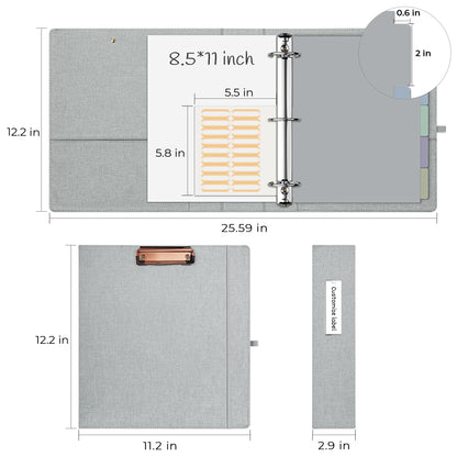 EYROZILL 3 Ring Binder 2 Inch, Binder for Letter Size (11" x 8.5") with 5 Tab Dividers, File Folder Labels and Low Profile Clipboards, Light Grey