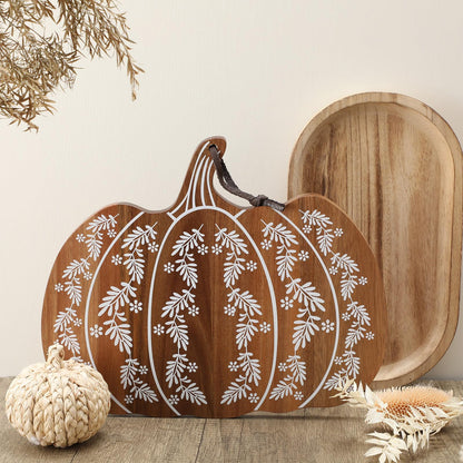 BrightRow Pumpkin Shaped Cutting Board Acacia Wood Serving Board Wooden Serving Platter Tray Cheese Fruit Bread Christmas Holiday Xmas Kitchen Decoration