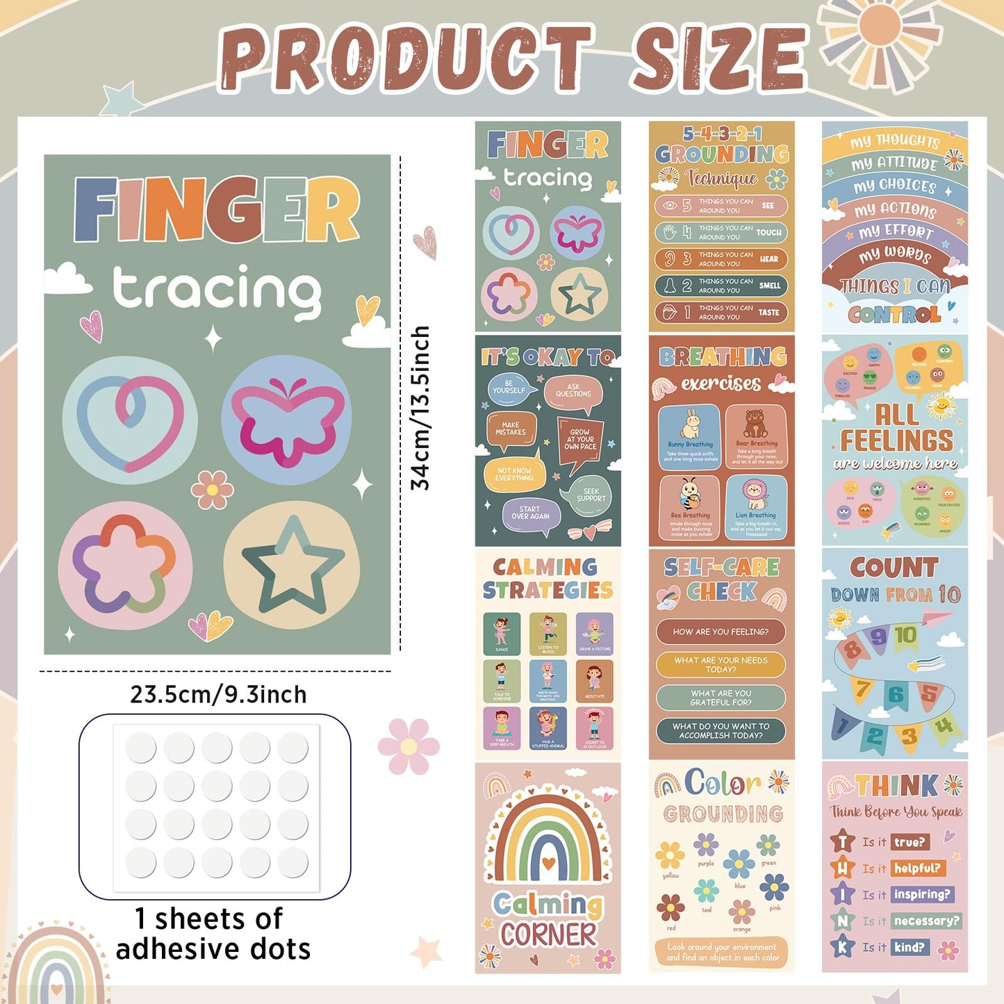 12Pcs Calming Corner Posters for Classroom Calm Down Boho Emotions Feeling Poster for Kids Inspirational Back to School Wall Decor Motivational Mental Health Posters for Office Home Teacher Supplies