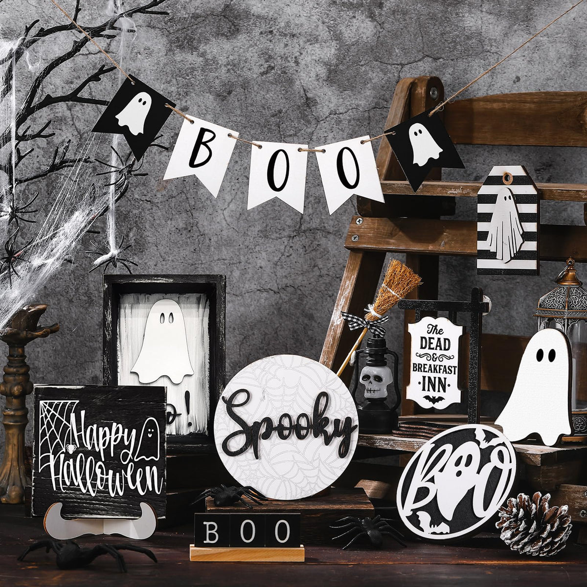 Wonderjune 19 Pcs Halloween Ghost Tiered Tray Decor Cute Boo Spooky Tray Decorations Black White Ghost Wooden Signs Mini Witch Broom Farmhouse Rustic Halloween Decorations for Home Table Office Desk