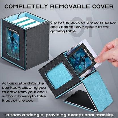 ZLCA MTG Deck Box with Commander Window Display, Commander Deck Box Holds 100 Double-Sleeved Cards Suitable for Magic the Gathering/TCG/CCG/PTCG/EDH/Sport Cards (Grey&Blue)