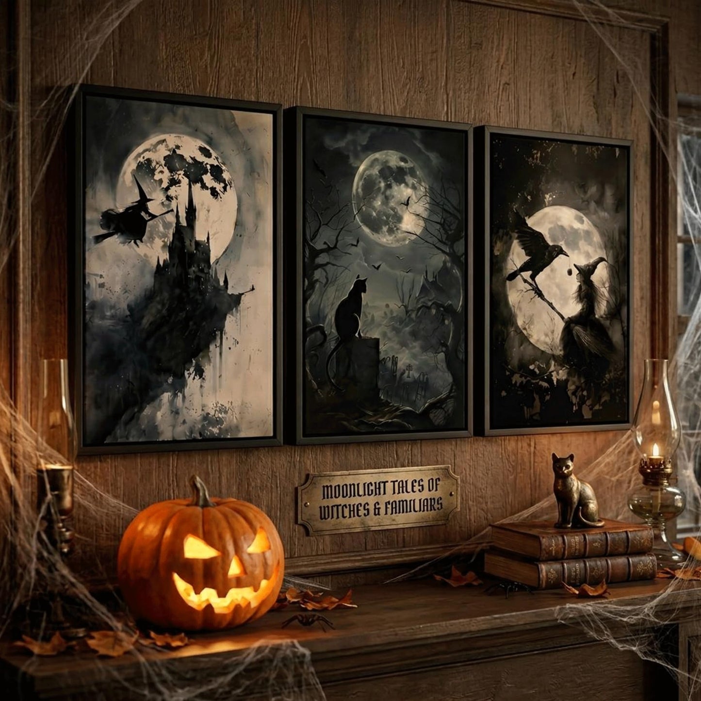 SOUHLP Gothic Wall Art Witch Black Cat Raven Poster Set, 12x16in