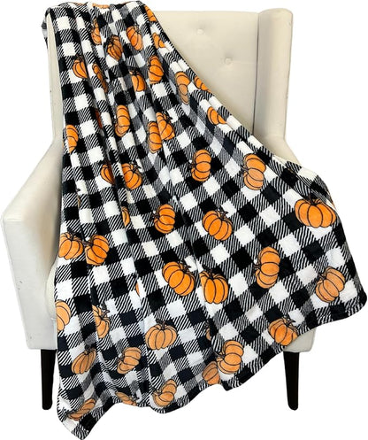 Fall Pumpkin Throw Blanket: Modern Farmhouse Country Black and White Check Plaid Extra Large 50" x 70"