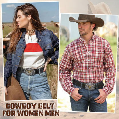 LALATCH Western Belts for Men Women Genuine Leather Cowboy Belt with Longhorn Poker Western Buckle Classic Country Style Black L