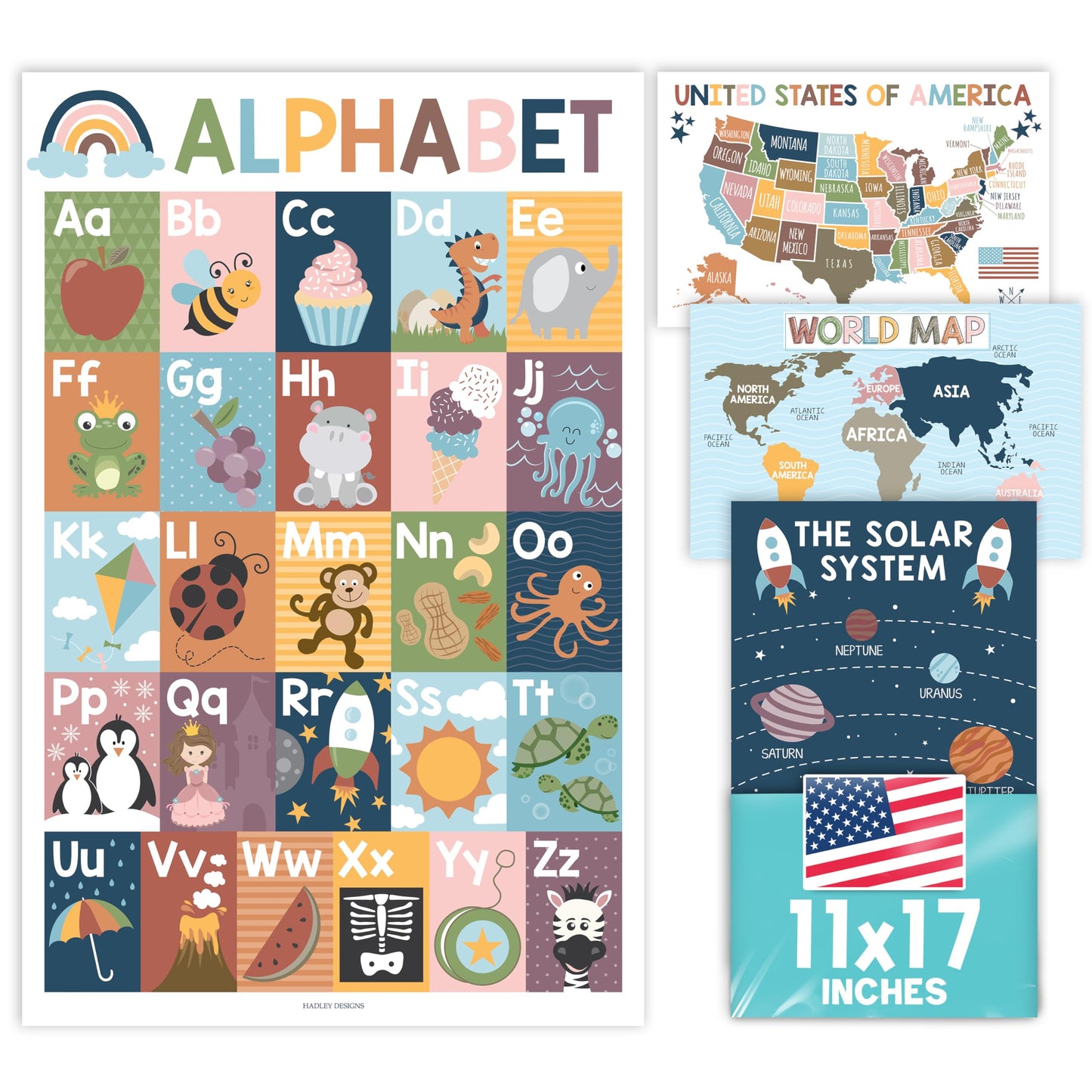 Hadley Designs 4 Alphabet, Map of United States, World Map, & Solar System Posters - Laminated ABC Charts for Toddlers Wall Decor, Boho Posters for Kindergarten, Prek Classroom or Homeschool 11x17