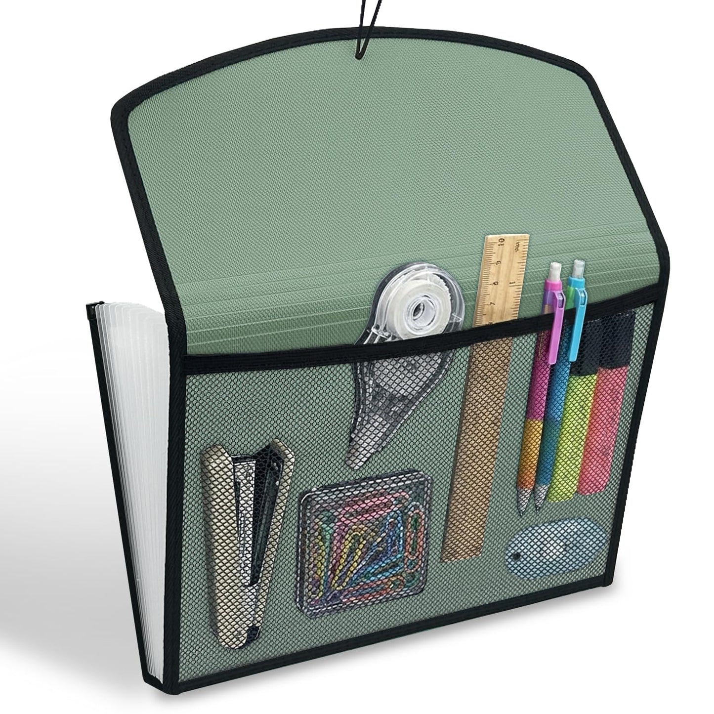 H4D 13-Pocket Accordion File Organizer with Mesh Pocket, Expanding File Folder with Tabs, Expandable Document Organizer for Home Office School, Letter Size, Sage