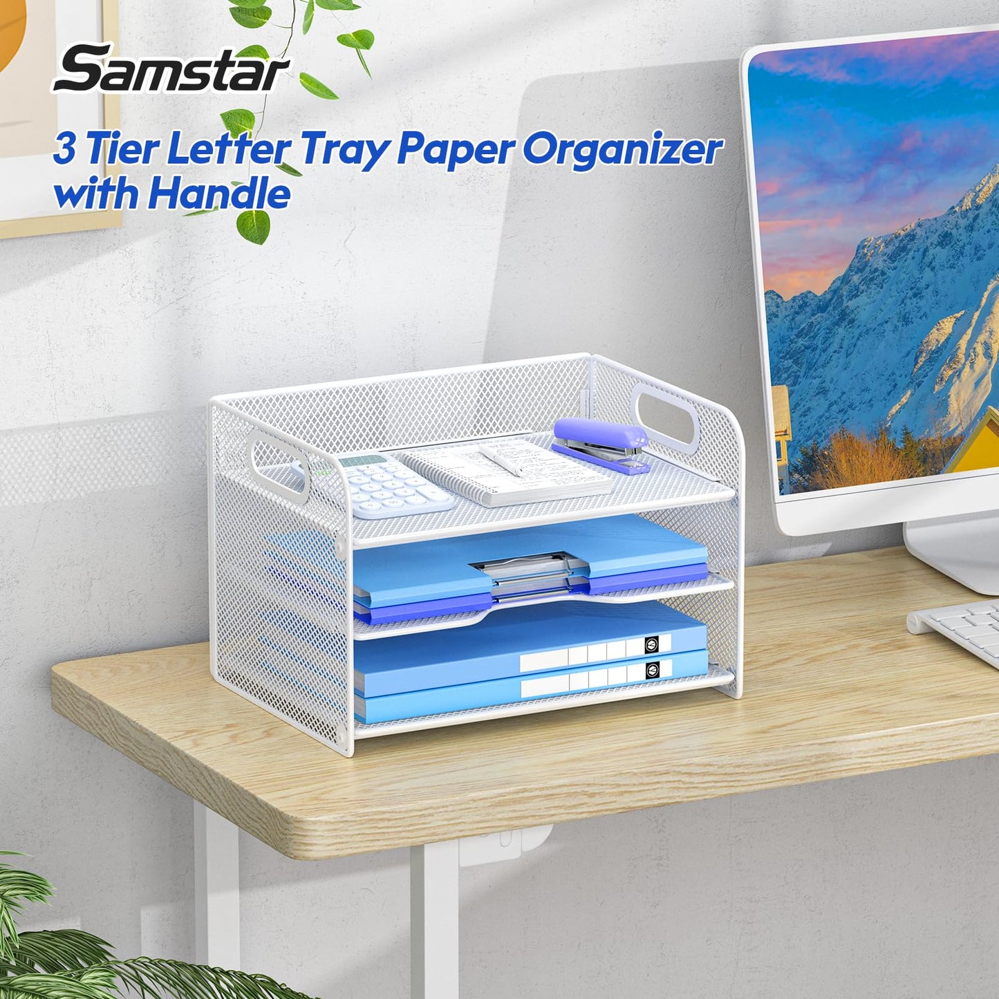 Samstar 3 Tier White Letter Tray Paper Organizer with Handle, Mesh Desk Organizer Paper Sorter File Rack Shelves, White
