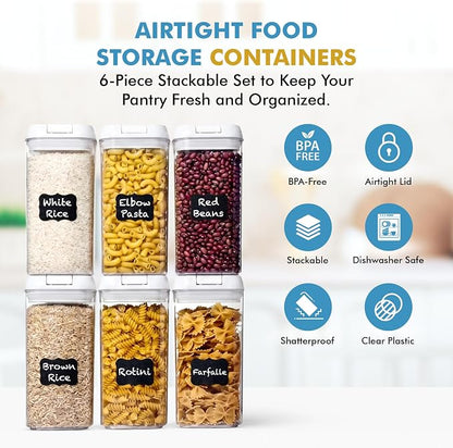 Shazo Airtight Food Storage Containers with Lids - 6 PC BPA Free Clear Plastic Cereal Containers with Easy Lock Lids for Kitchen and Pantry Organization for Snacks and Pasta - 1.2 L