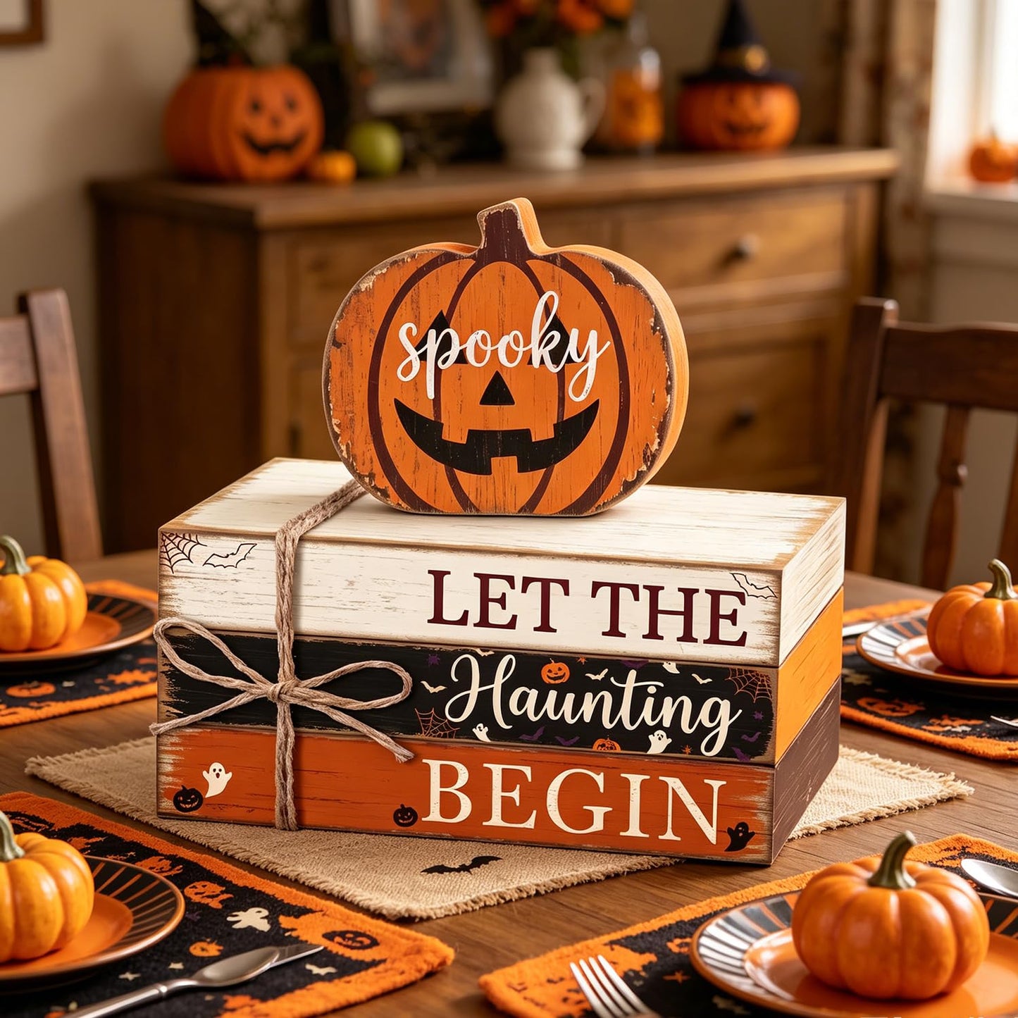 4 Pcs Halloween Tiered Tray Decor Farmhouse Wooden Book Stack with Gnome Spooky Halloween Tabletop Signs Fall Rustic Tiered Tray Decorations for Home Office Shelf Coffee Bar