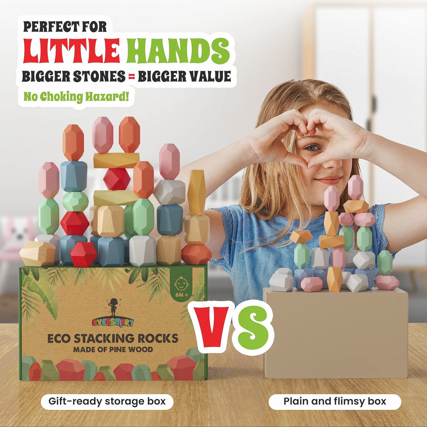 EVERSMART 36 Pcs Wooden Stacking Blocks – Montessori Toys for 1 2 3 4 5 6 Year Old Toddlers and Kids, XL Rocks, No Choking Hazard – Sensory STEM Building Stones, for Girls and Boys