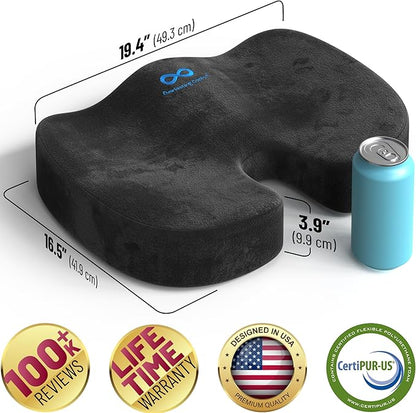 Everlasting Comfort Doctor Recommended Memory Foam Seat Cushion for Office Chairs & Car - Ergonomic Office Desk Accessories - Cushions for Tailbone Pain Relief, Sciatica (Black, X-Large)