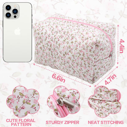 dark swan Cotton Quilted Makeup Bag, Cute Pouch Toiletry Bag Cosmetic Bag Quilted Floral Organizer Bag Travel Coquette Aesthetic Portable Storage Zipper Purse for Women (Pink)