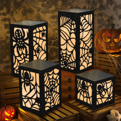 OuMuaMua 4 Pcs Halloween Party Decorations Indoor Halloween Table Centerpieces Boxes, Light up Spider Web Paper Lanterns with Led Lights for Spooky Party Supplies Home Decor