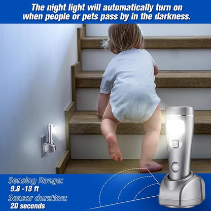 Enhon 9 Pack 4 in 1 LED Emergency Lights for Home Power Failure, Rechargeable Plug in Flashlight Motion Sensor Night Light, Automatic Turn On Power Outage Light for Home Hurricane Supplies (Silver)