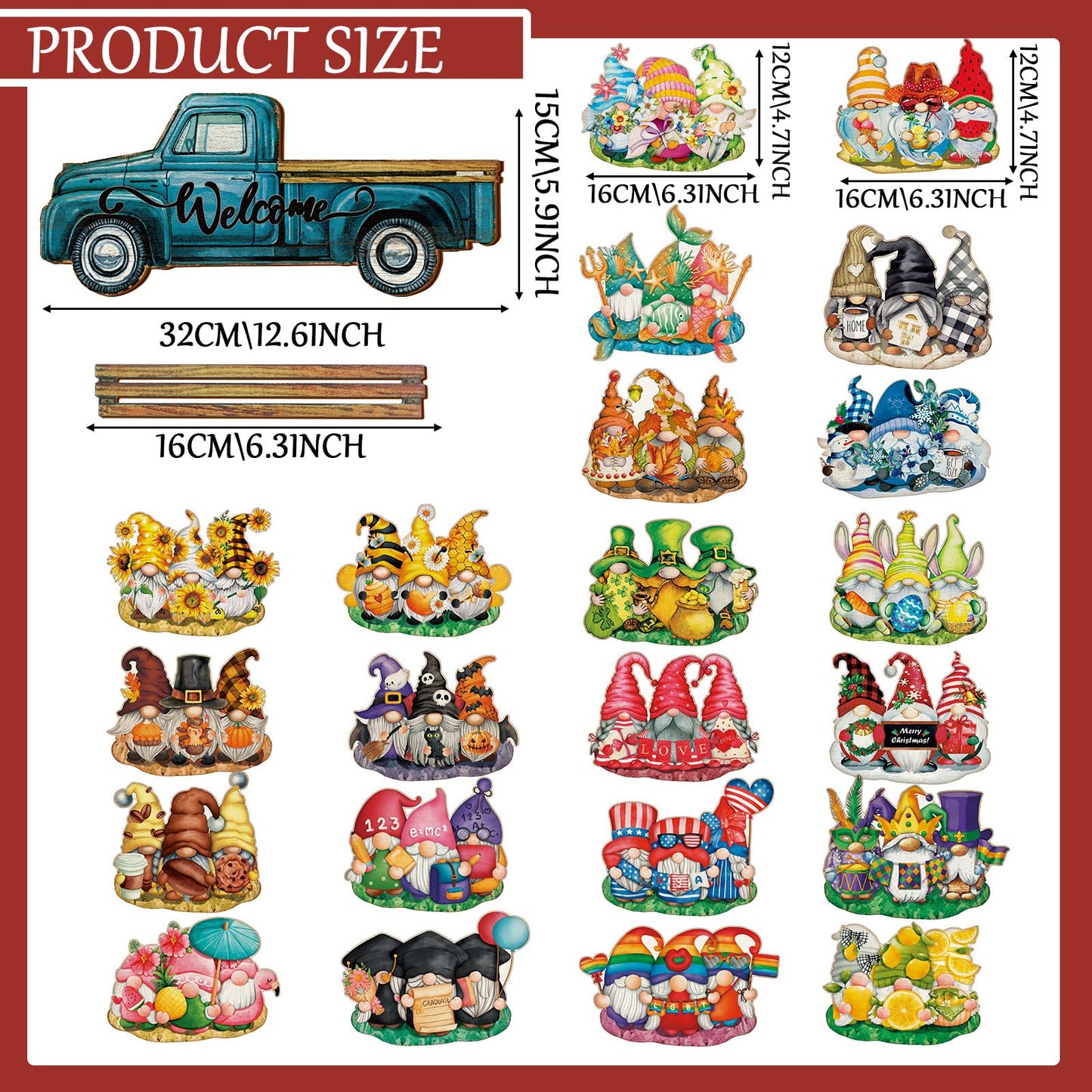 Chitidr Spring Summer Interchangeable Gnome Welcome Sign, 1 Seasonal Wooden Truck Door Hanger with 22 Spring Summer Holiday Gnome Decorations (Blue)